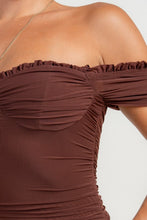 Chocholate Ruched Off Shoulder Ruffle Trim Bodycon Mini Dress