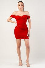 Red Ruched Off Shoulder Ruffle Trim Bodycon Mini Dress