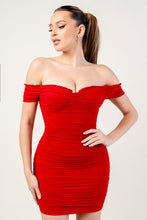 Red Ruched Off Shoulder Ruffle Trim Bodycon Mini Dress