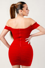 Red Ruched Off Shoulder Ruffle Trim Bodycon Mini Dress