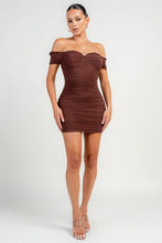 Chocholate Ruched Off Shoulder Ruffle Trim Bodycon Mini Dress