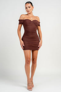 Chocholate Ruched Off Shoulder Ruffle Trim Bodycon Mini Dress