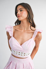 Pink Eyelet Ruffle Sleeve Crop Top And Midi Skirt Set