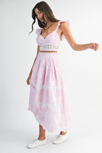 Pink Eyelet Ruffle Sleeve Crop Top And Midi Skirt Set
