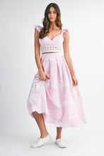 Pink Eyelet Ruffle Sleeve Crop Top And Midi Skirt Set