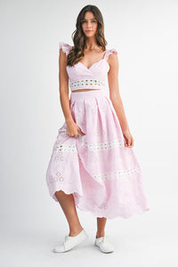 Pink Eyelet Ruffle Sleeve Crop Top And Midi Skirt Set