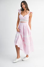 Pink Eyelet Ruffle Sleeve Crop Top And Midi Skirt Set