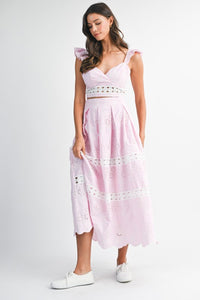 Pink Eyelet Ruffle Sleeve Crop Top And Midi Skirt Set