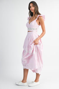 Pink Eyelet Ruffle Sleeve Crop Top And Midi Skirt Set