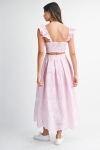 Pink Eyelet Ruffle Sleeve Crop Top And Midi Skirt Set