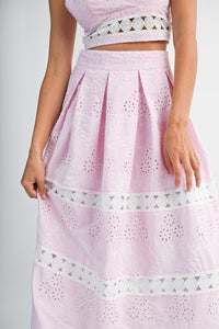 Pink Eyelet Ruffle Sleeve Crop Top And Midi Skirt Set