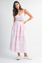 Pink Eyelet Ruffle Sleeve Crop Top And Midi Skirt Set