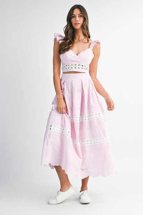Pink Eyelet Ruffle Sleeve Crop Top And Midi Skirt Set