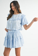 Blue Striped Floral Print Ruffle Top And Mini Skirt Set