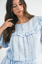 Blue Striped Floral Print Ruffle Top And Mini Skirt Set