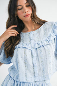 Blue Striped Floral Print Ruffle Top And Mini Skirt Set
