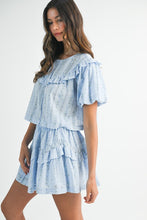 Blue Striped Floral Print Ruffle Top And Mini Skirt Set