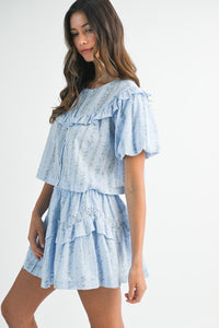 Blue Striped Floral Print Ruffle Top And Mini Skirt Set