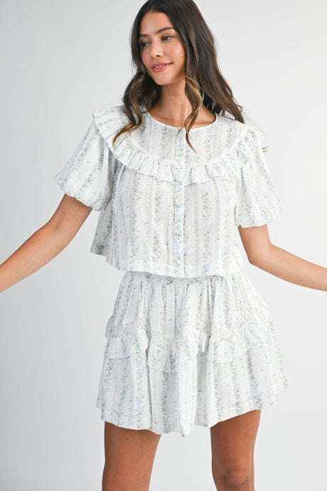 Off White Striped Floral Print Ruffle Top And Mini Skirt Set