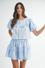 Blue Striped Floral Print Ruffle Top And Mini Skirt Set