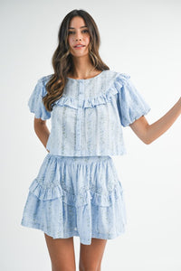 Blue Striped Floral Print Ruffle Top And Mini Skirt Set