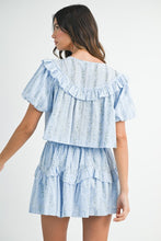 Blue Striped Floral Print Ruffle Top And Mini Skirt Set