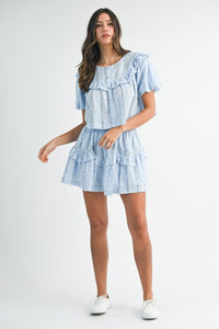 Blue Striped Floral Print Ruffle Top And Mini Skirt Set