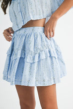Blue Striped Floral Print Ruffle Top And Mini Skirt Set