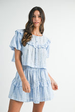 Blue Striped Floral Print Ruffle Top And Mini Skirt Set