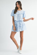 Blue Striped Floral Print Ruffle Top And Mini Skirt Set