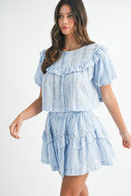 Blue Striped Floral Print Ruffle Top And Mini Skirt Set