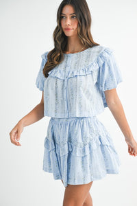 Blue Striped Floral Print Ruffle Top And Mini Skirt Set
