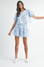 Blue Striped Floral Print Ruffle Top And Mini Skirt Set