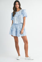 Blue Striped Floral Print Ruffle Top And Mini Skirt Set