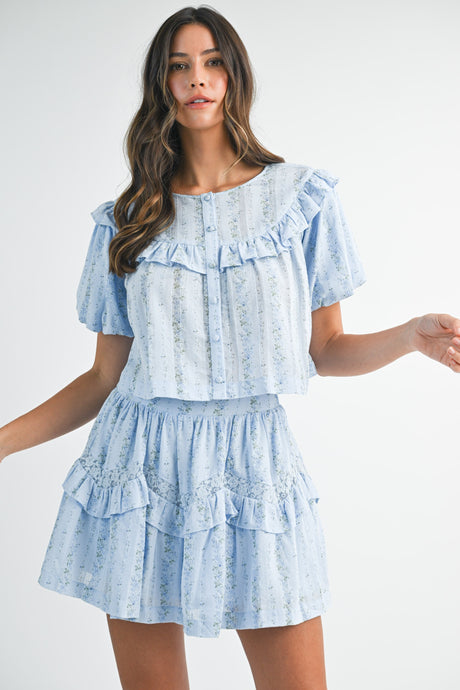 Blue Striped Floral Print Ruffle Top And Mini Skirt Set