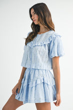 Blue Striped Floral Print Ruffle Top And Mini Skirt Set