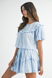Blue Striped Floral Print Ruffle Top And Mini Skirt Set