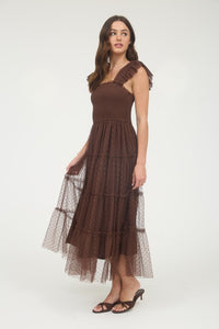 Brown Polka Dot Chiffon Smocked Tiered Midi Dress