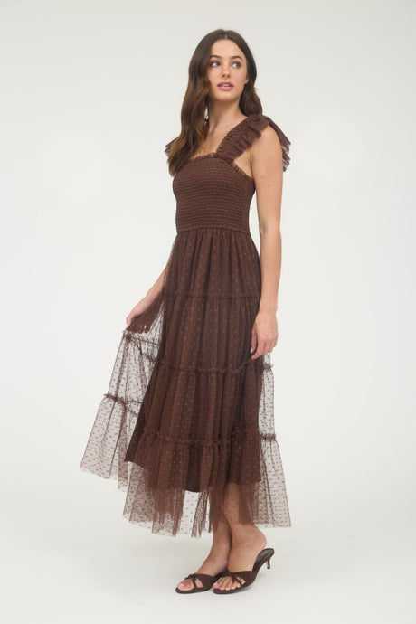 Brown Polka Dot Chiffon Smocked Tiered Midi Dress
