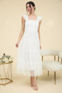 White Polka Dot Chiffon Smocked Tiered Midi Dress
