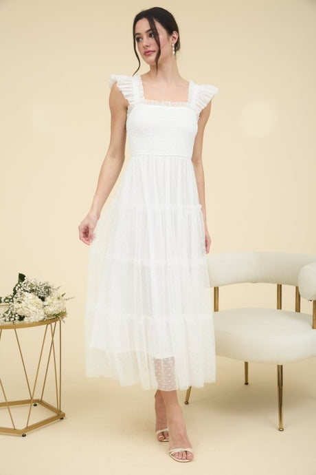 White Polka Dot Chiffon Smocked Tiered Midi Dress
