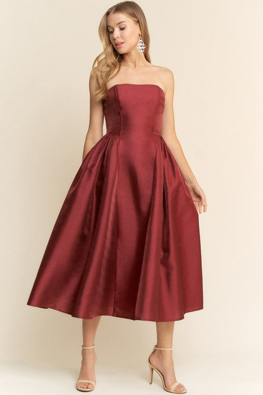 Wine Side Shirring Midi Length Dress