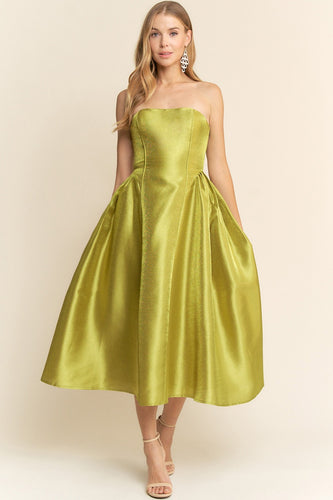 Chartreuse Side Shirring Midi Length Dress