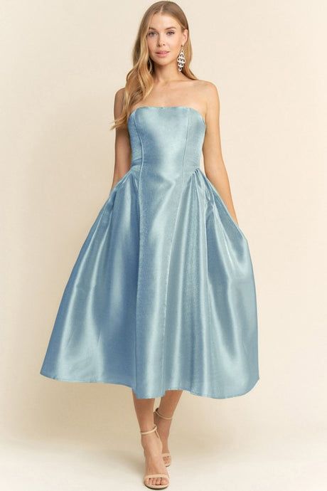 Light Blue Side Shirring Midi Length Dress