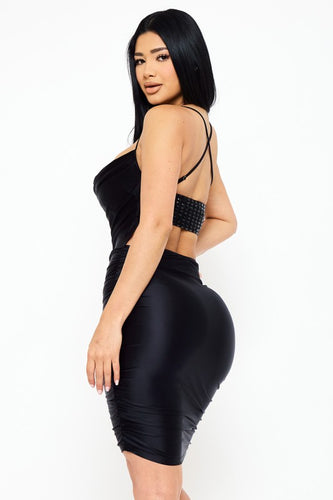 Black Rectangle Rhinestone On Pearl Satin Mini Dress