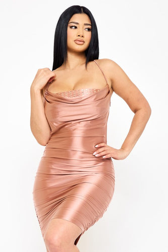 Rose Gold Rectangle Rhinestone On Pearl Satin Mini Dress