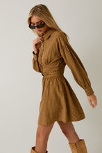 Camel-Brown Stripe Empire Waist Long Sleeve Fit & Flare Mini Dress