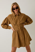 Camel-Brown Stripe Empire Waist Long Sleeve Fit & Flare Mini Dress