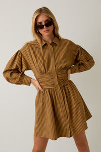 Camel-Brown Stripe Empire Waist Long Sleeve Fit & Flare Mini Dress