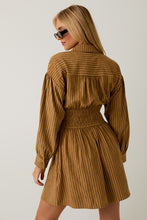 Camel-Brown Stripe Empire Waist Long Sleeve Fit & Flare Mini Dress